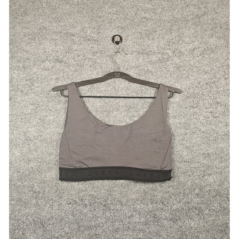 Lunya Charcoal Gray & Black Sports Bra XL New Sporty Quiet Luxury Spellout